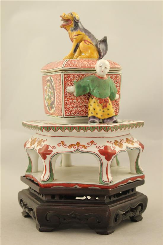 A Japanese Kutani koro and cover, 19th century, 22.5cm, wood stand, restorations